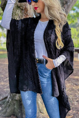 Women Solid Black 3D Textured Open Front Soft Kimono Cardigan: Black / One Size