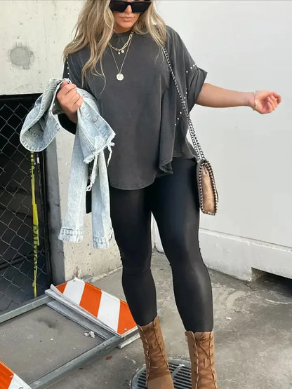 Casual Roll Up Sleeve Oversized Studded Wash Tee