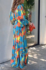 Blue Printed Buttoned Lantern Sleeves Maxi Dress