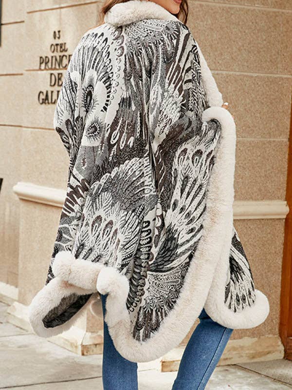 Women Long Sleeves Loose Jacquard Keep Warm Velvet Collarless Cape Shawl