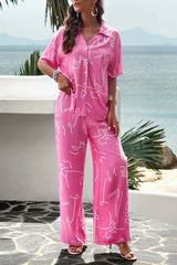 Printed Button Up Shirt and Pants 2pcs Set Black