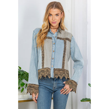 Women  Ice Washed Denim & Lace Jacket By Young Threads