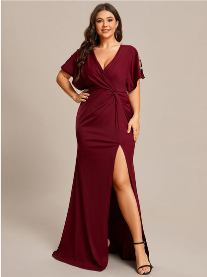 Women Maxi Dress Deep V Neck with Sequin Sleeve Detail Plus Size Evening Dress