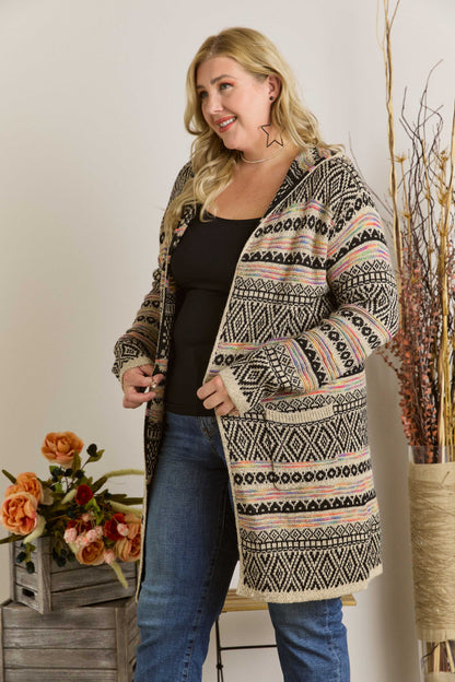 Women sweater PLUS SIZE PRINTED LOOSE CARDIGAN: BEIGE/MULTI Plus Size