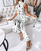 Abstract print sleeveless wide leg belted jumpsuit: WHITE / 1-1-1-1 / S-M-L-XL