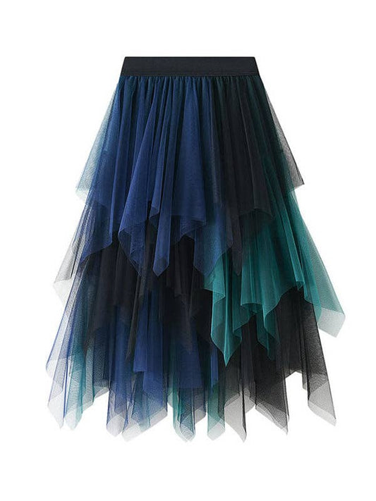 Urban Green Blue Contrast Color Irregular A-Line Gauze Skirts: BLUE GREEN / One_size