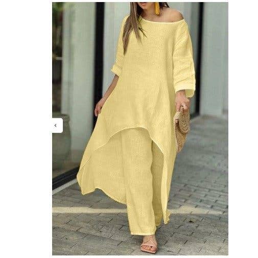 New Women's Cotton Linen Casual Wide Leg Pants Two Piece Set