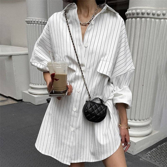 Striped Shirt Dress with Versatile Long Sleeves: WHITE / L