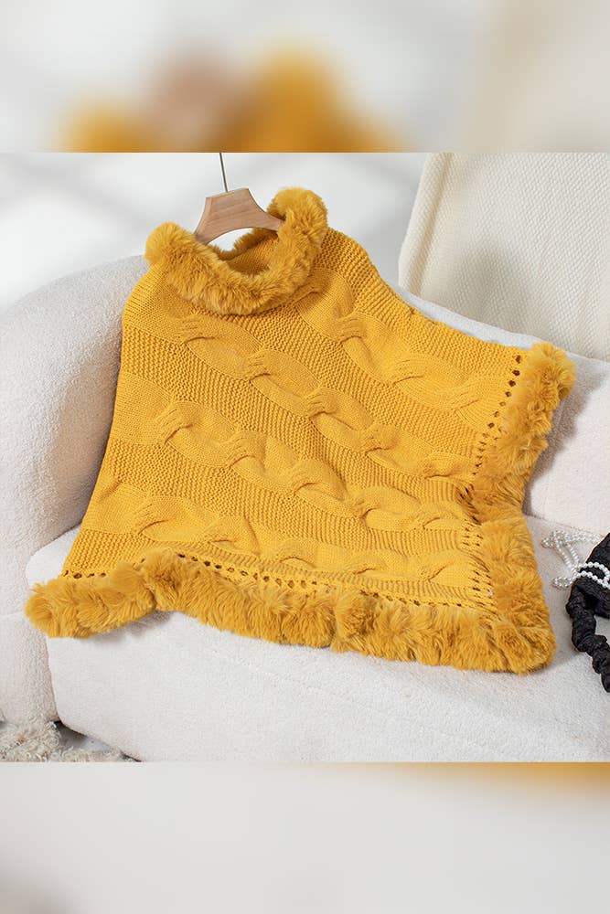 Women Faux Fur Collar Chunky Cable Knit Sweater Cape Coffee