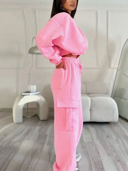 Women Cropped Sweatshirt and Pocketed Baggy Pant Set