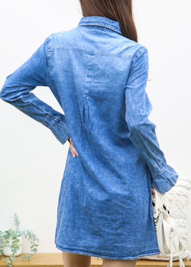 Women Denim Button Down Shirt Dress, Flared sleeves By Ann Kaci