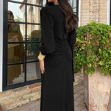 Women V Neck Long Sleeve Maxi Dress with Ruched Bodice