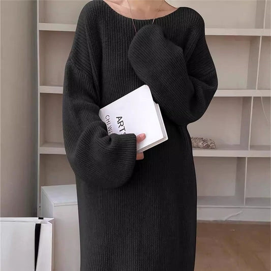 Women Loose Fit Solid Color Knee Length Sweater Dress