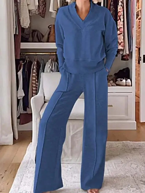 Women Long Sleeve V Neck Elastic Waist Wide Leg Lounge Wear
