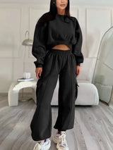 Women Cropped Sweatshirt and Pocketed Baggy Pant Set