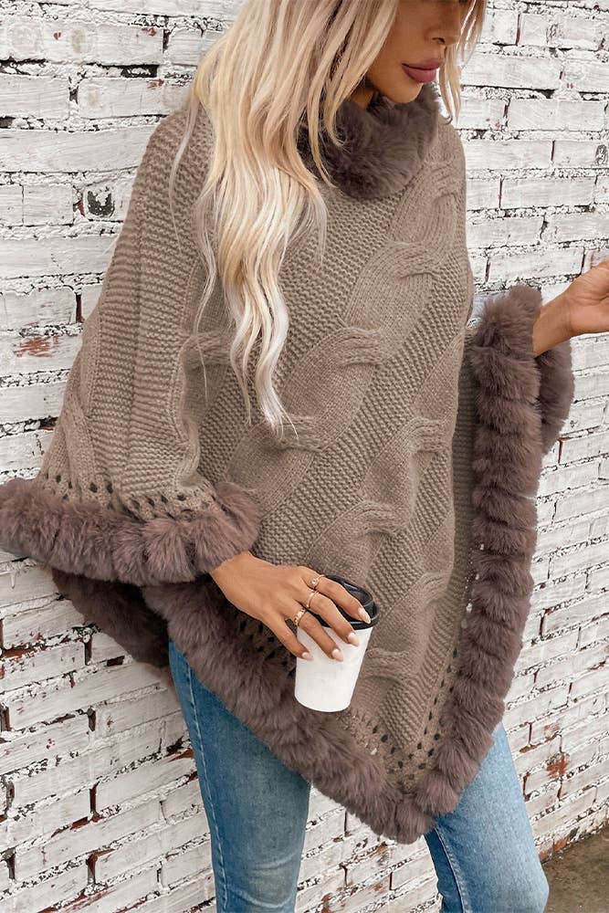 Faux Fur Collar Chunky Cable Knit Sweater Cape MMY225: Coffee / One size