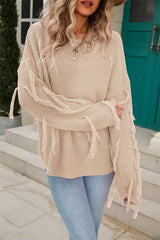 Women Solid Color Tassel Pullover Sweater Rosy / L
