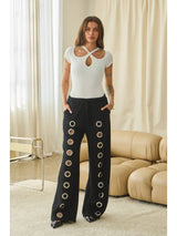 Women French Terry Sweatpants Wide Leg with Grommet Detail Pant