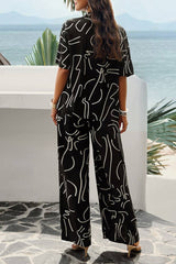 Printed Button Up Shirt and Pants 2pcs Set Black