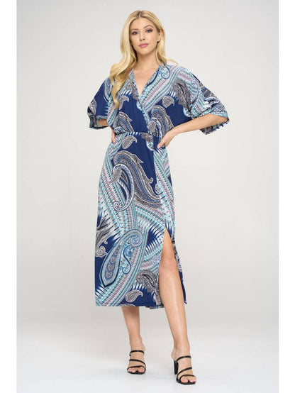 Women Midi Dress V neck Print Jersey with Slit