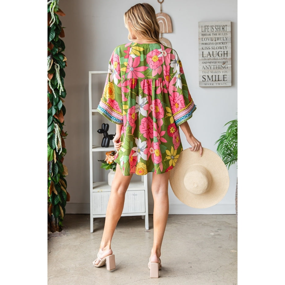Women Dress Tunic Floral Print with Real Embroidery By Veveret