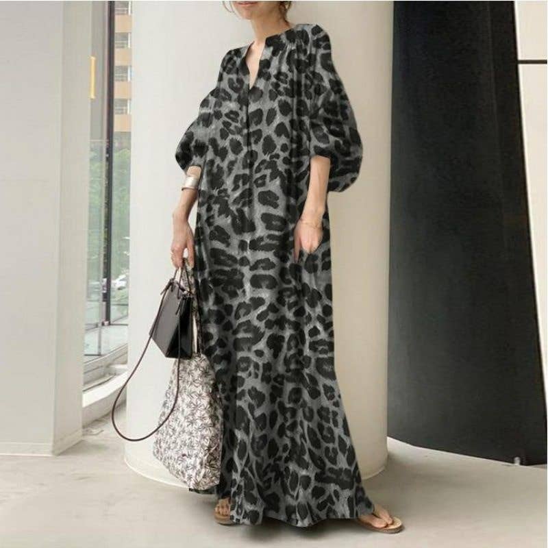 Leopard Print Puff Sleeve Loose Dress