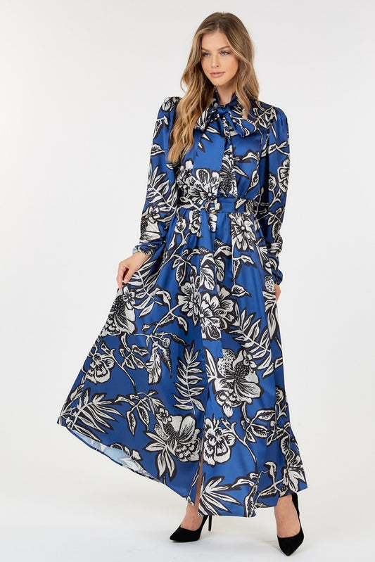 Women Maxi Dress Long Sleeve Floral Button Front