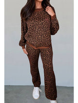 Women Brown Leopard Pattern Pullover & Pant 2 piece Set