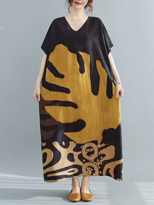 Vintage Loose Leaf Printed Midi Dress: YELLOW / One_size