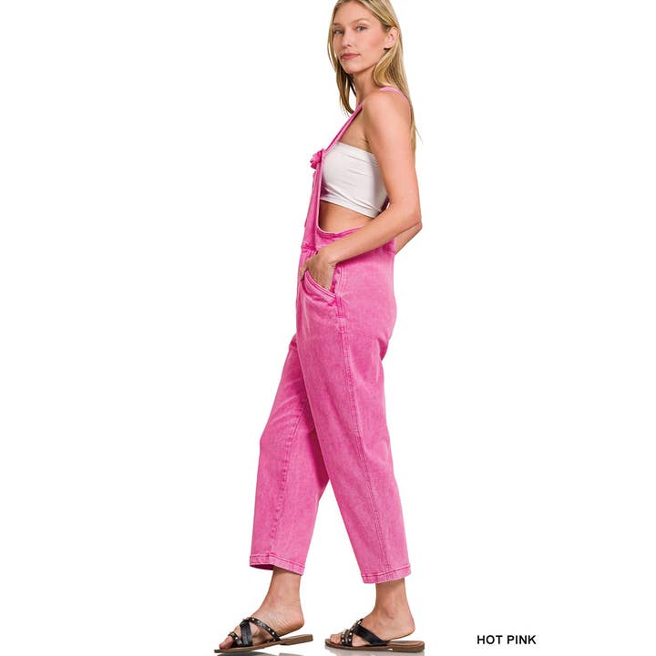 Women Washed Knot Strap Relaxed Fit Overalls