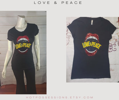 Women & Junior T shirt -Sequin Love & Peace