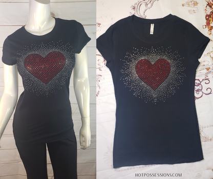 Women & Junior Short Sleeve T shirt  Rhinestone Heart Burst By Bling Bling U Sparkle Girl