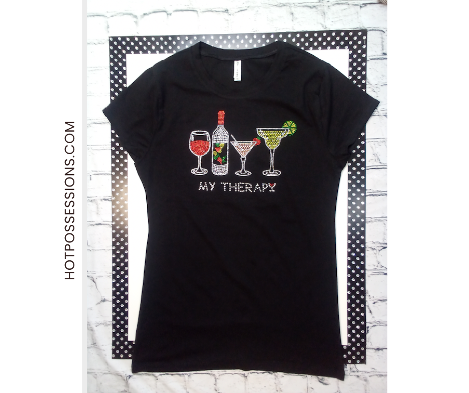 Women Short Sleeve T Shirt -Rhinestone Cocktail Therapy - By Bling Bling U Sparkle Girl