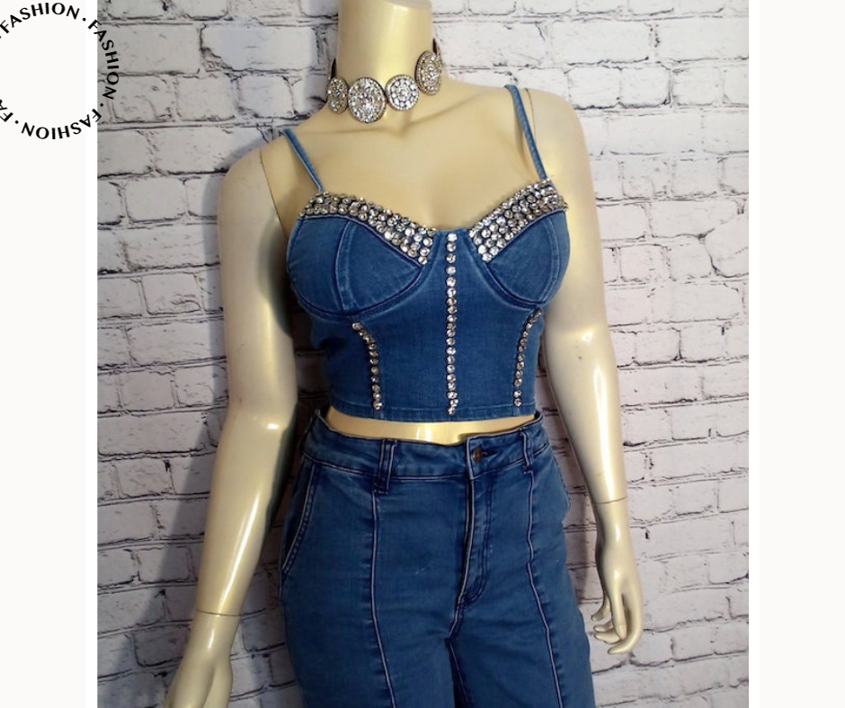 Junior Stunning Denim Jeweled Top By Bling bling U Sparkle Girl