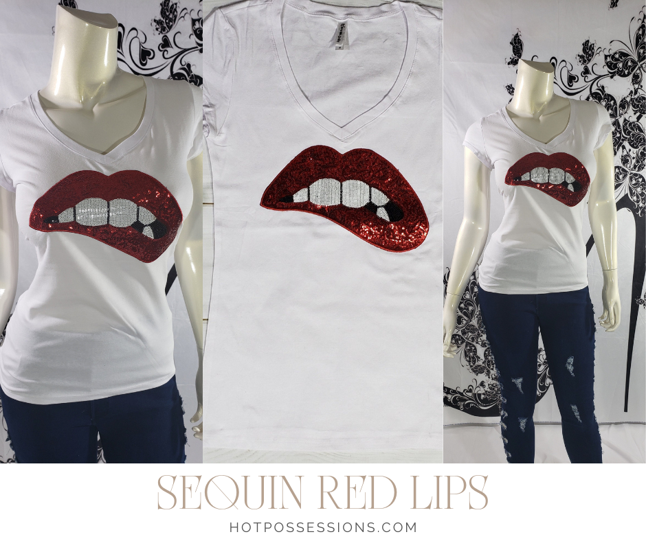 Women & Junior Short Sleeve T shirt- Sequin Lips By Bling Bling U Sparkle Girl