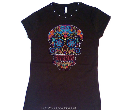 Women  Short sleeve Tee Rhinestone Sugar Skull By Bling Bling U Sparkle Girl