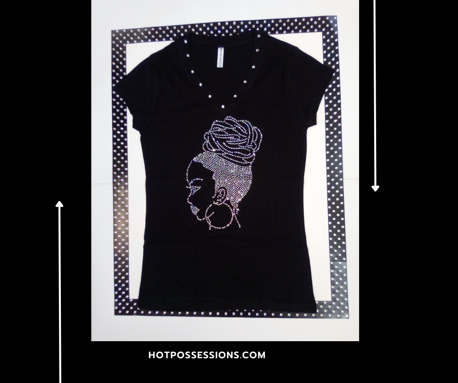 Women Short Sleeve V Neck T shirt Rhinestone Afro Tee