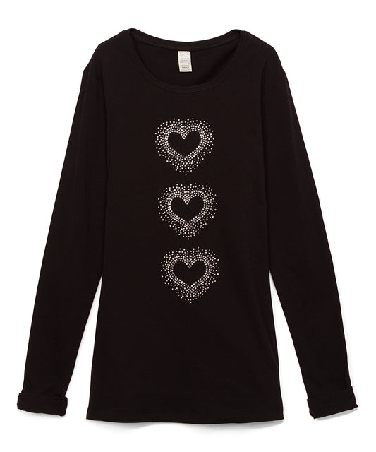 Junior & Girls Long Sleeve t Shirt - 3 Rhinestone Heart Bursts