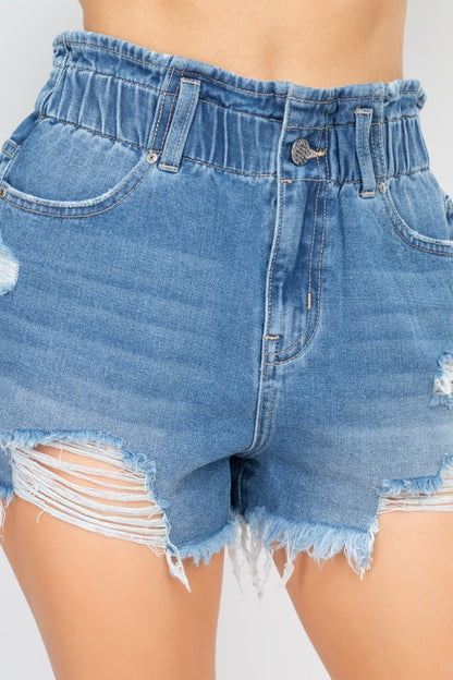 Women Denim Shorts- Paper bag waist