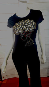 Women Short Sleeve T shirt - Afro Tee- Rhinestones
