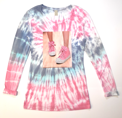 Girls Tee Shirt Long Sleeve T shirt Tie Dye -Cool Rhinestone Sneaker Kicks By Glitter Girl By Esmise