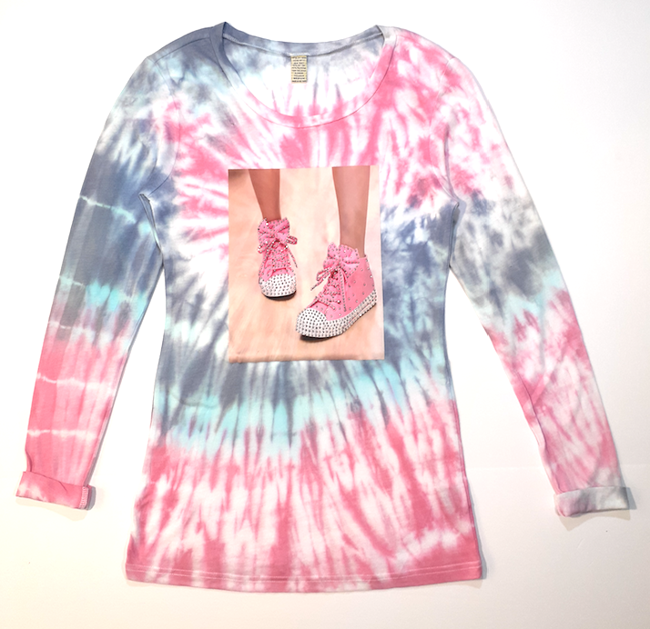 Girls Tee Shirt Long Sleeve T shirt Tie Dye -Cool Rhinestone Sneaker Kicks By Glitter Girl By Esmise