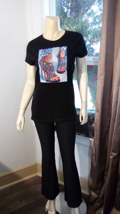 Women Short Sleeve T Shirt - Graphic Shoes - Rhinestones