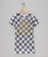 Girls Top Short Sleeve - Skull Allover Checker