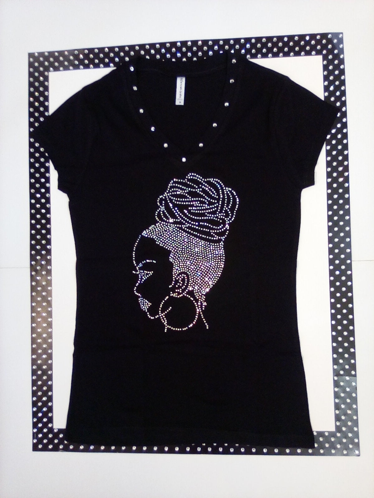 Women Short Sleeve V Neck T shirt Rhinestone Afro Tee