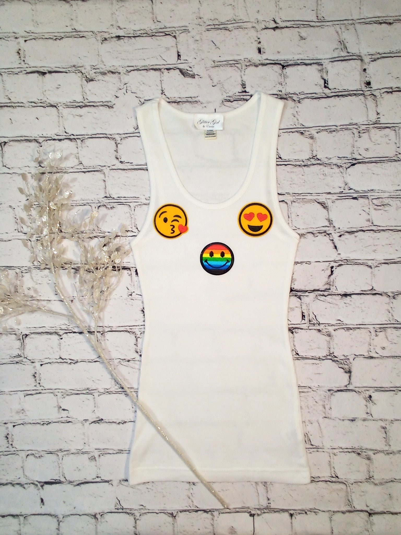 Girls & Juniors Sleeveless Tank - Emoji Patches By Glitter Girl