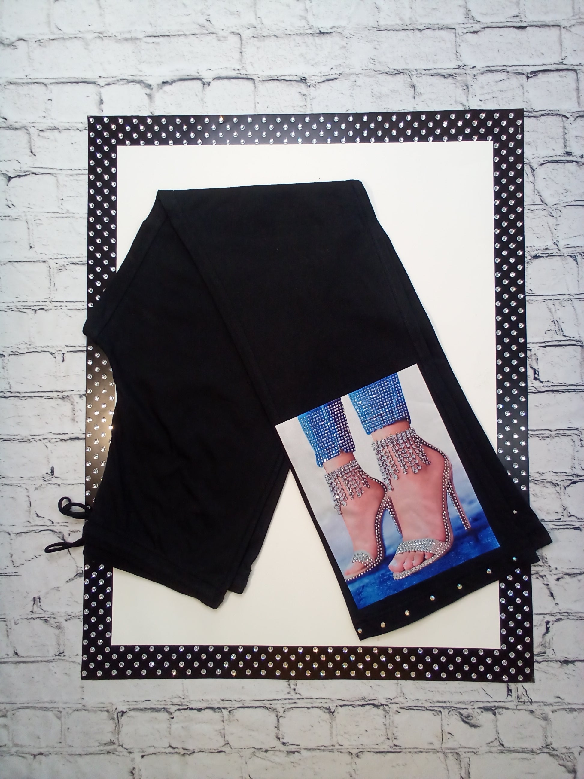 Women Drawstring Pant -Cotton - Graphic Rhinestone Shoes By Bling Bling U Sparkle Girl