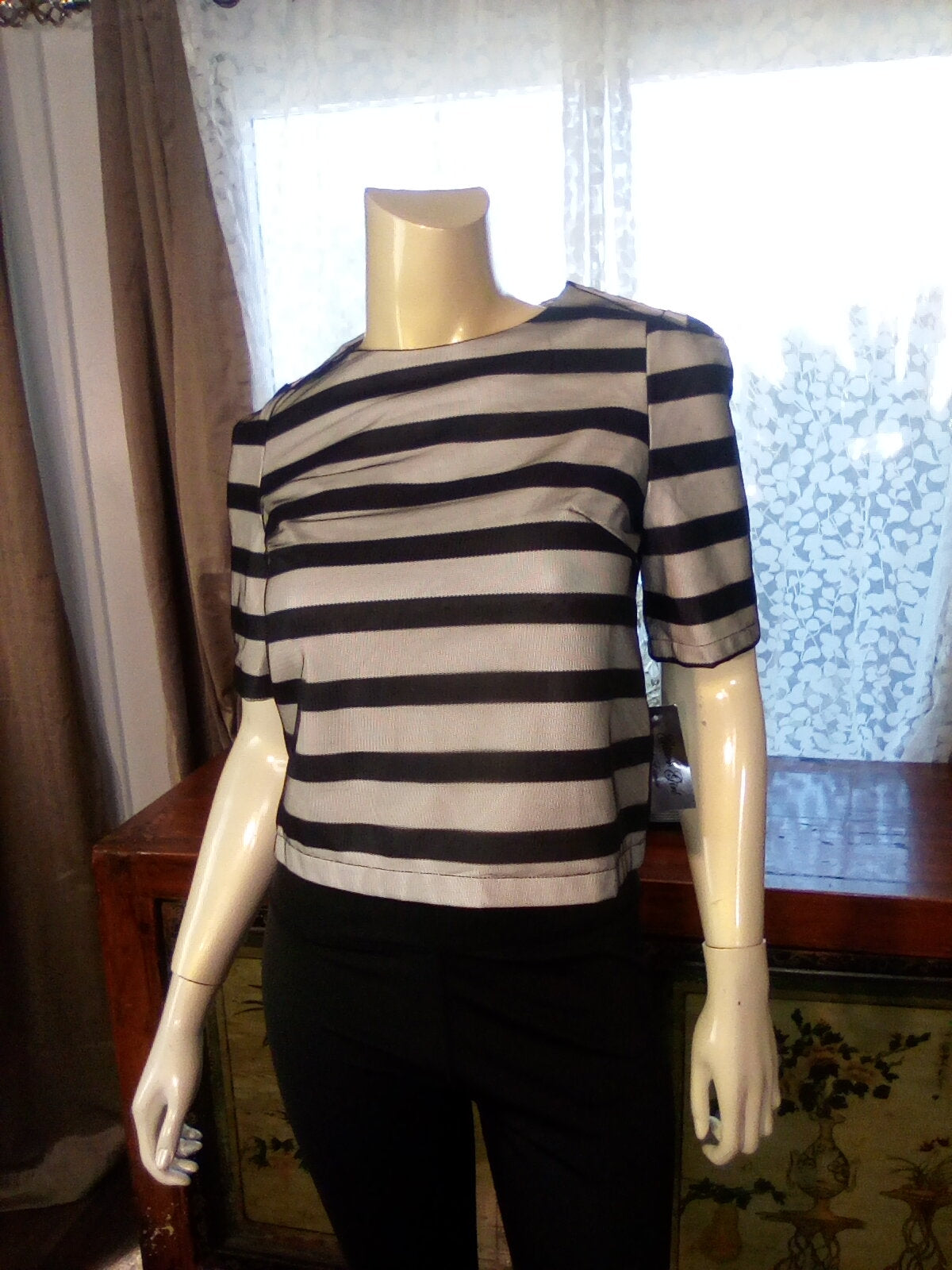 Women Designer Short Sleeve Overlay Lace Striped Crop top Zip Back