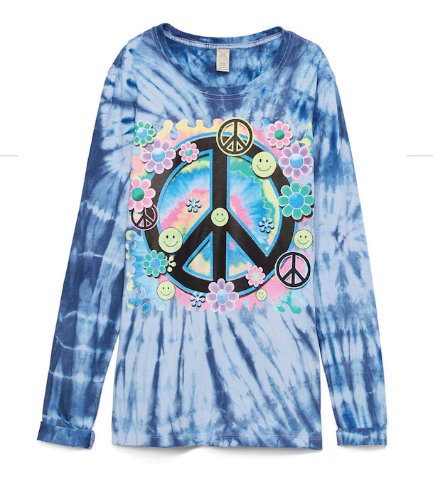 Girls & Junior Long Sleeve T Shirt Tie Dye- Peace sign