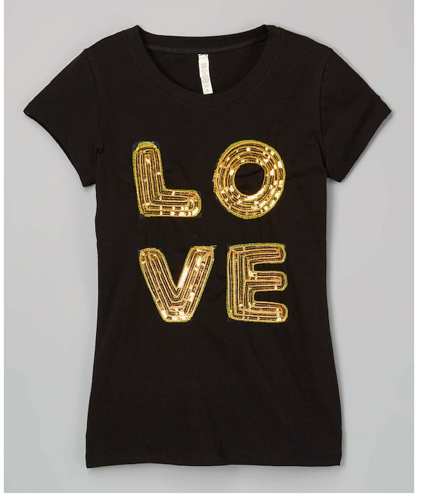 Girls & Junior Short Sleeve T shirt - Gold Sequin "LOVE" By Glitter Girl